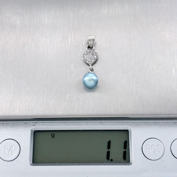 Vintage Sterling Silver 925 Pave Cubic Zirconia Heart Blue Pearl Dangle Pendant - Picture 5 of 5